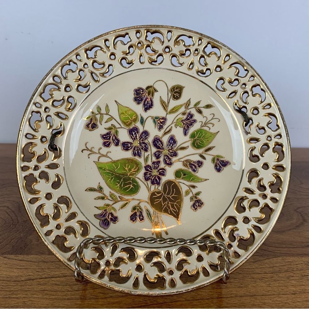 Josef Steidl Znaim Decorative Plate Reticulated  Blue Flowers Gold Accents Vtg